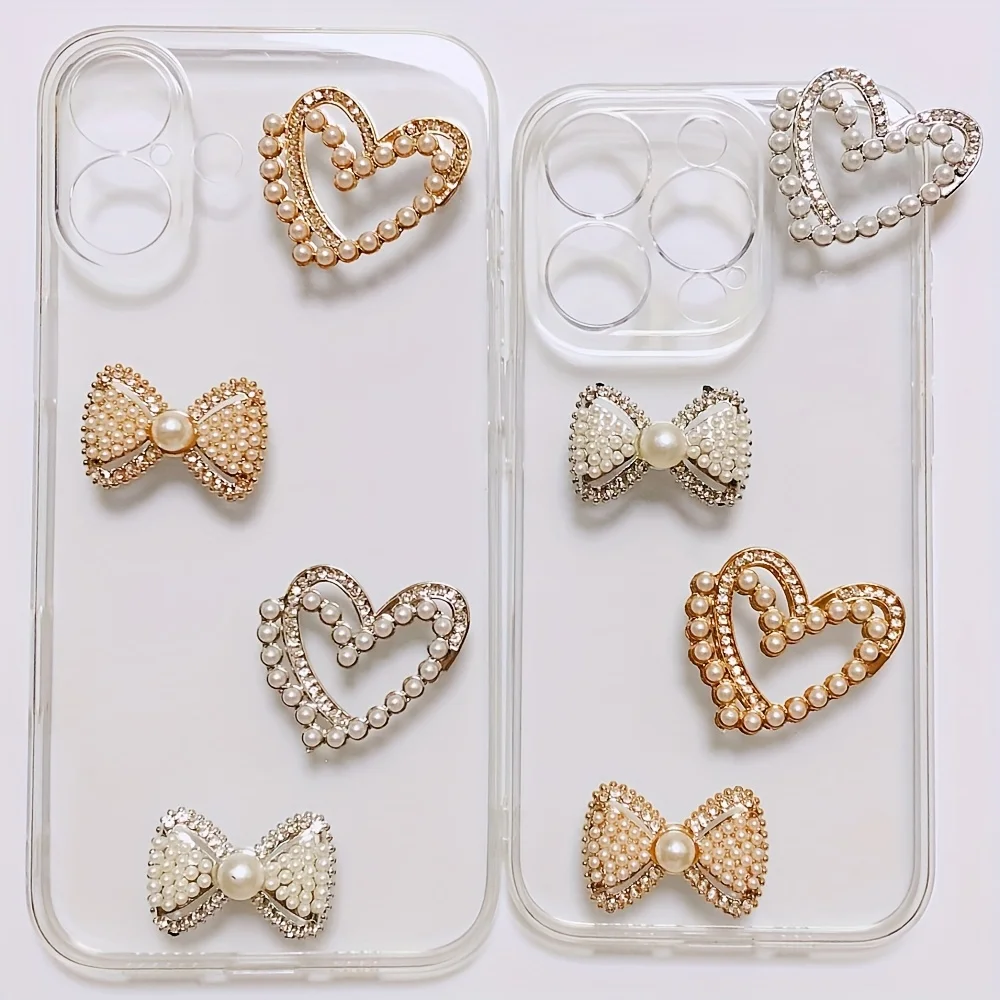 

10Pcs Elegance Gorgeous Hollow Out Pearl Love Heart Bow Rhinestone Decorations Shiny Bowtie Diy Crafts Junk Phone Case Charms