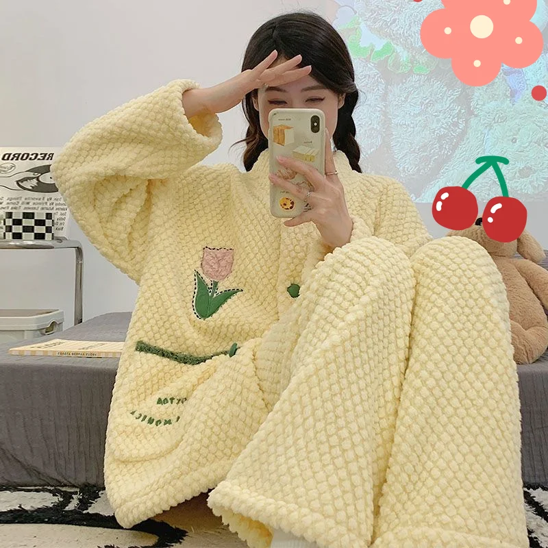 

Новый женский пижамный комплект из кораллового флиса, милая серия, зимняя теплая одежда из двух предметов на флисовой подкладке, уютная, удобная домашняя одежда