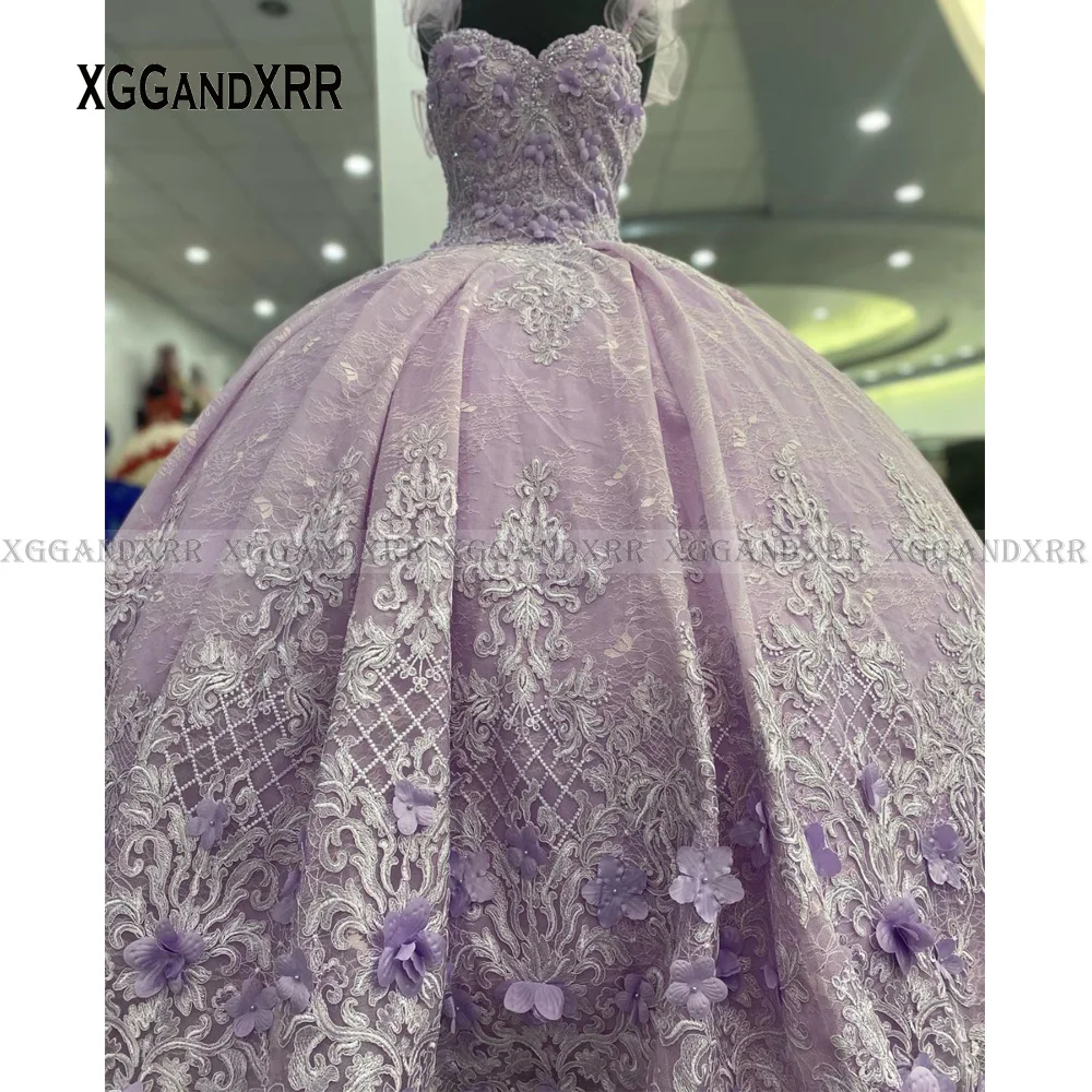 Lavender Quinceanera Dress 2022 Sweet 16 Ruffle Layers Train Birthday Prom Party Gown Lace Applique Flower Beaded Graduation 7th