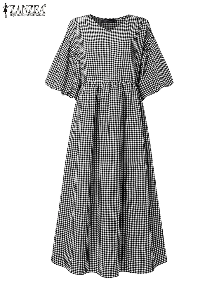 2025 ZANZEA elegante vestido de manga acampanada verano Maxi Vestidos a cuadros mujeres bata elegante cuello en V manga 3/4 vestido veraniego de trabajo Vestidos
