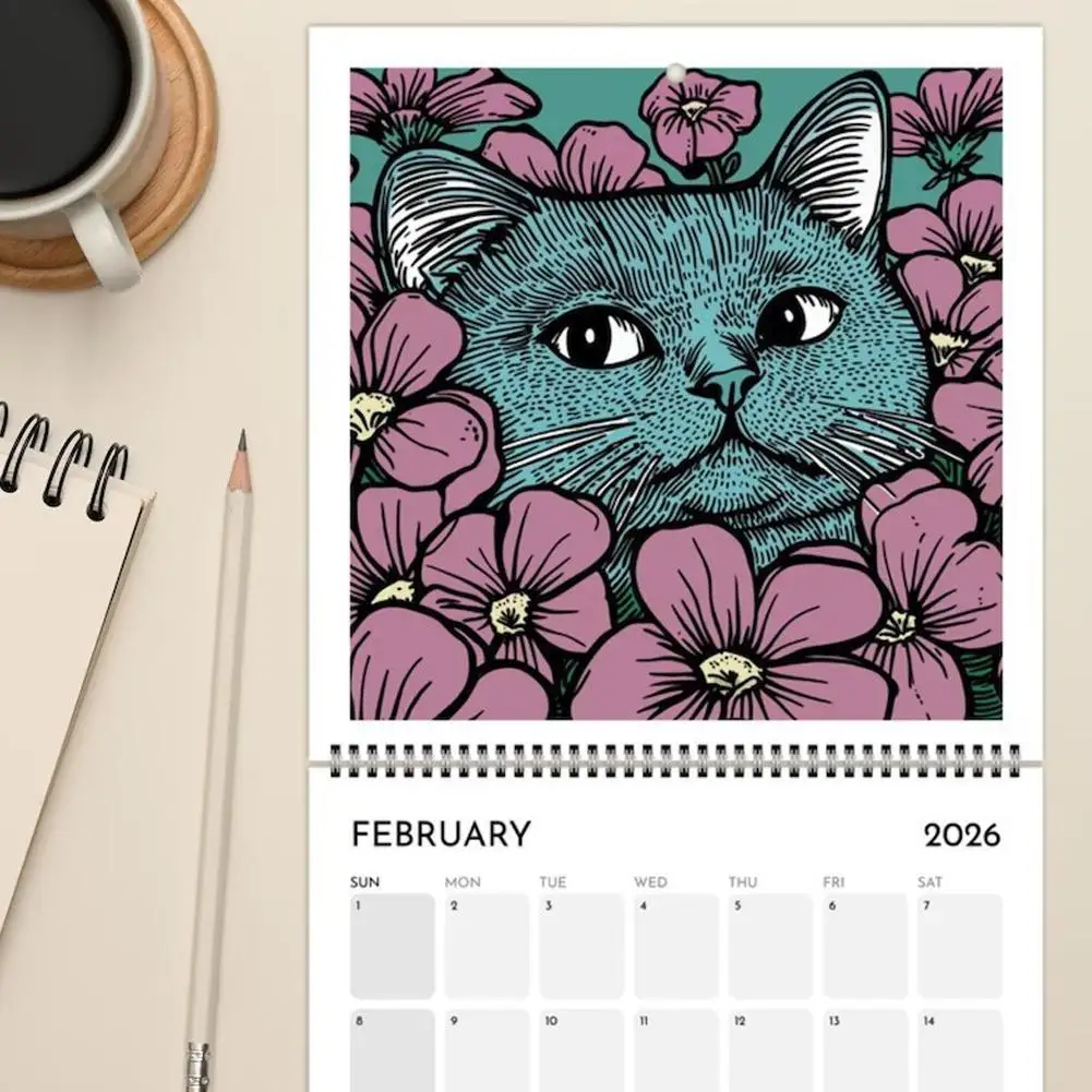 2026 Cats Chillin with Coffee Wall Calendar ins Style Hangable Family Planner Organizer Cute Cat Theme Home Office Decor