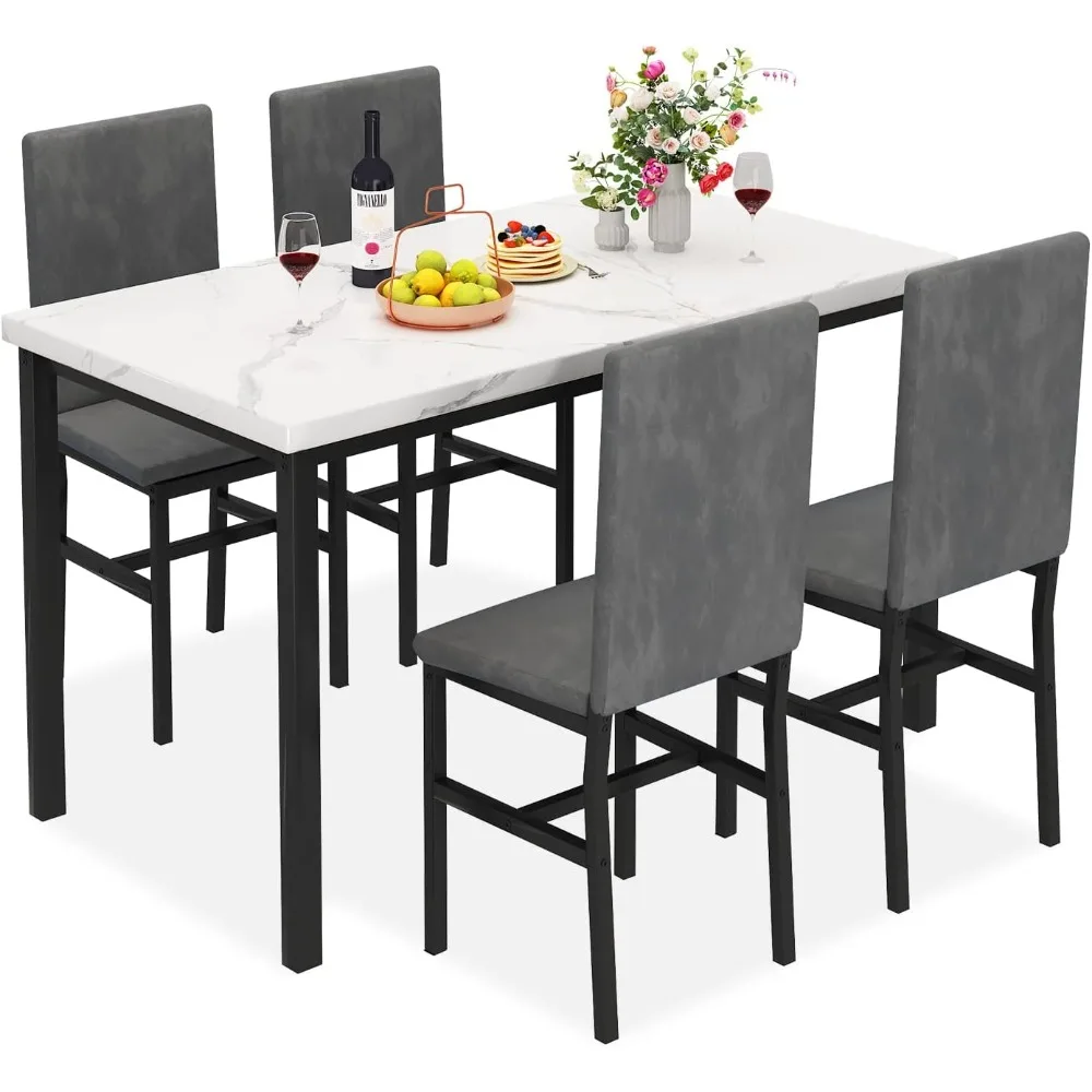 

MIERE Dining Table Set for 4, 5-Piece Marble DiningTableSet with 4 Velvet Metal Frame Chairs for Kitchen, Bar, Living Room, Brea