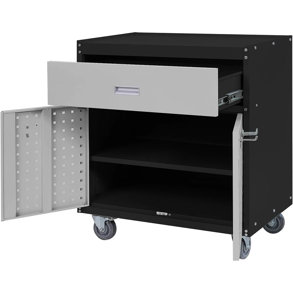 Gray And Black Tool Chest, Rolling Storage Cabinet With 1 Drawer & 2 Doors & 4 Hanging Hooks