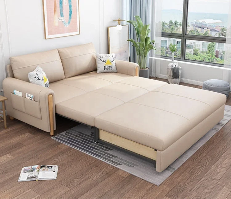 High Quality Modern Multifunctional Clamshell Fabric Armchair Sofa Bed with Metal Wood Shelf and Modern Living Room Storage