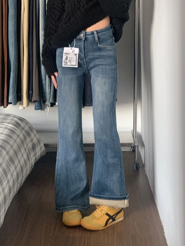 

Винтажные расклешенные джинсы больших размеров с подкладкой Thiened, женские осенне-зимние джинсы с высокой талией, узкие прямые джинсы Bootcut