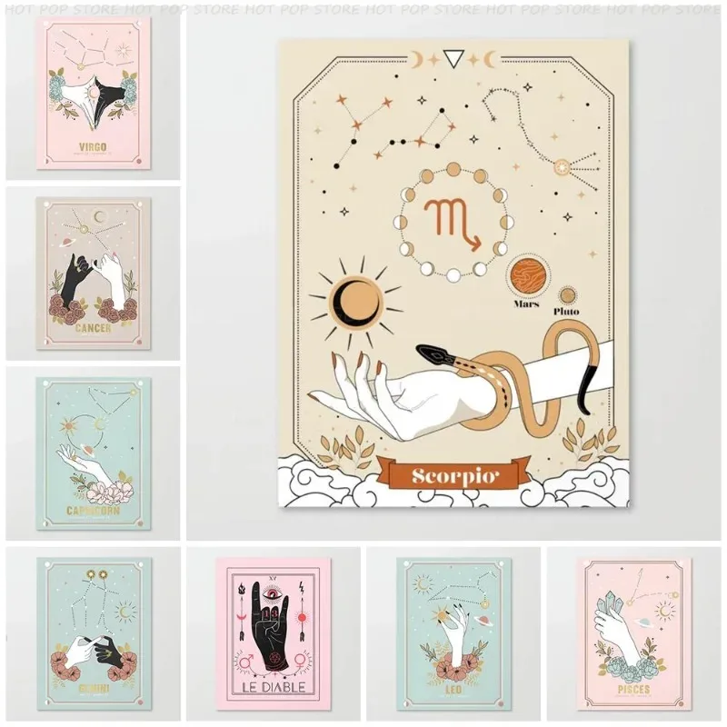 Bohemian Zodiac Canvas Painting Cancer Capricorn Gemini Wall Art Poster Nordic Modern Cartoon Picture Home Decor Living Room