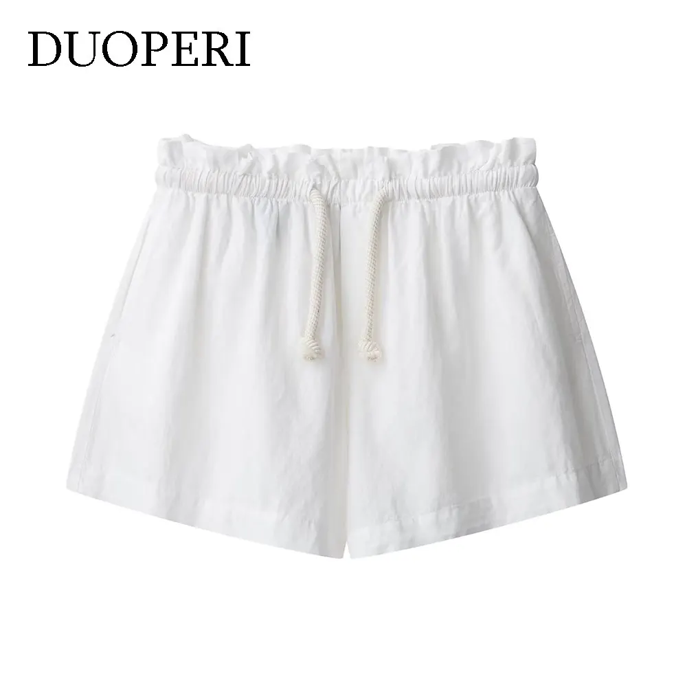 DUOPERI Women Summer New White A-Line Mini Shorts Elastic Waist Drawstring Pleated Female Chic Lady Casual Shorts