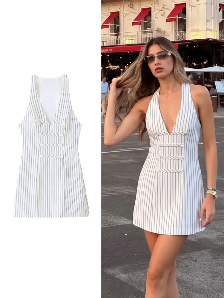 HH Women Spring Summer Elegant White&Black Striped Halter Mini Dress Sleeveless Deep V Neck For Dinner Date Party Vacation Wear