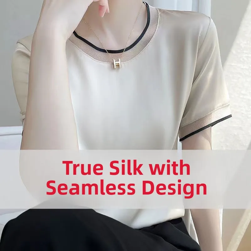 Jedwabna koszulka damska Silky Me, modny letni nowy model, okrągły dekolt, do pracy, elegancki, klasyczny wzór.