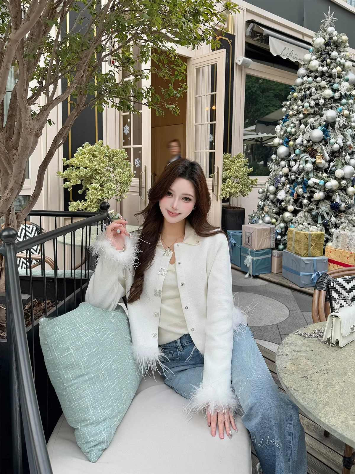 

6JONIbyBEB Spring Day Snow iny Silk 00 Wool Cross Flower Silver Bule Ostrich Feather Sve Opening Cardigan
