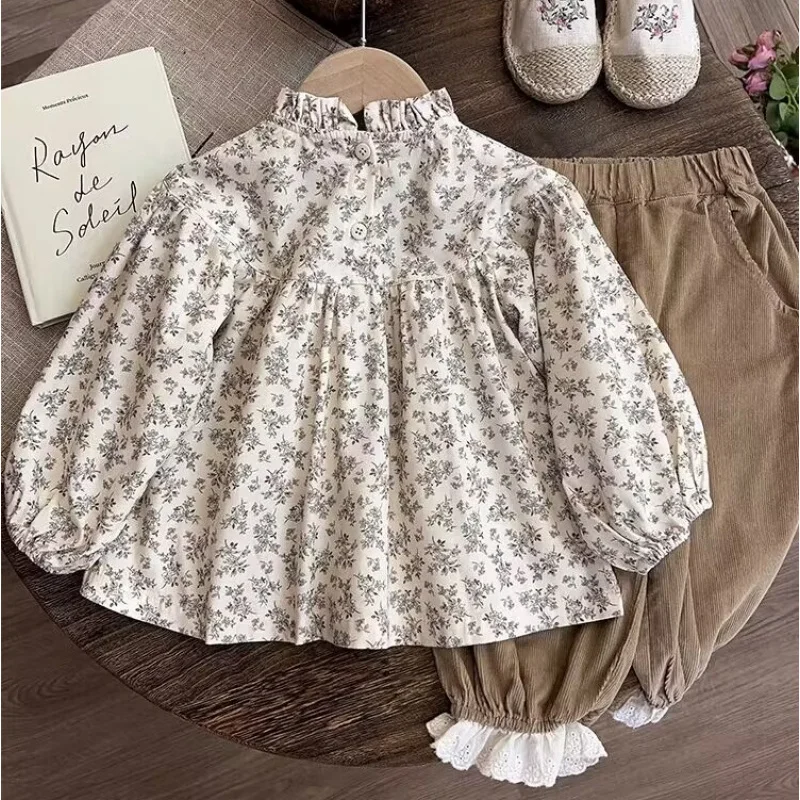 Children's Clothing Autumn New Girls' Mori Style Suit Floral Shirt Ankle Banded Pants Simple Graceful Girls Two-Piece Suit