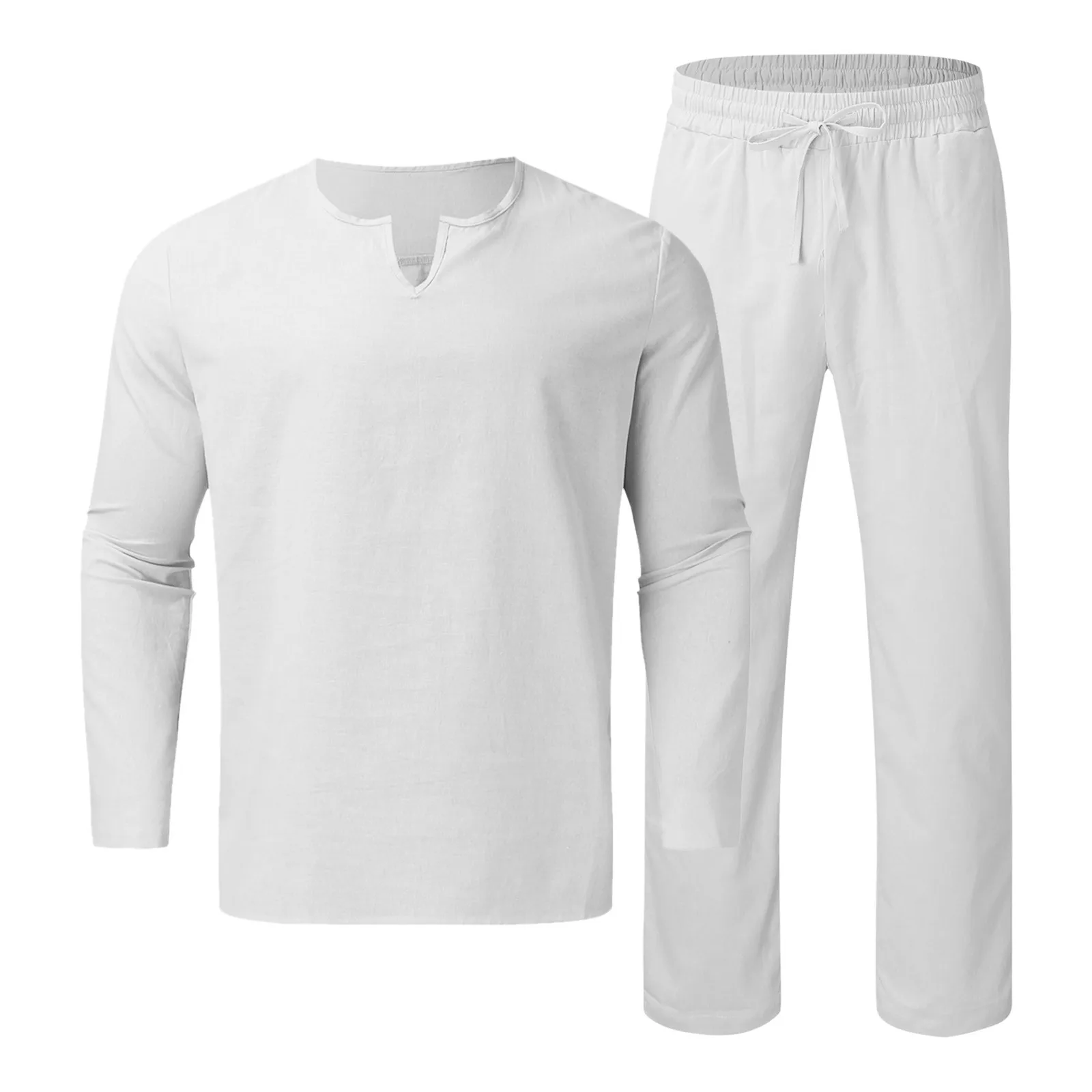 Conjunto de 2 piezas de algodón y lino para hombre, camisa de manga larga con cuello Henley y pantalones largos, ropa informal de playa para correr, Verano