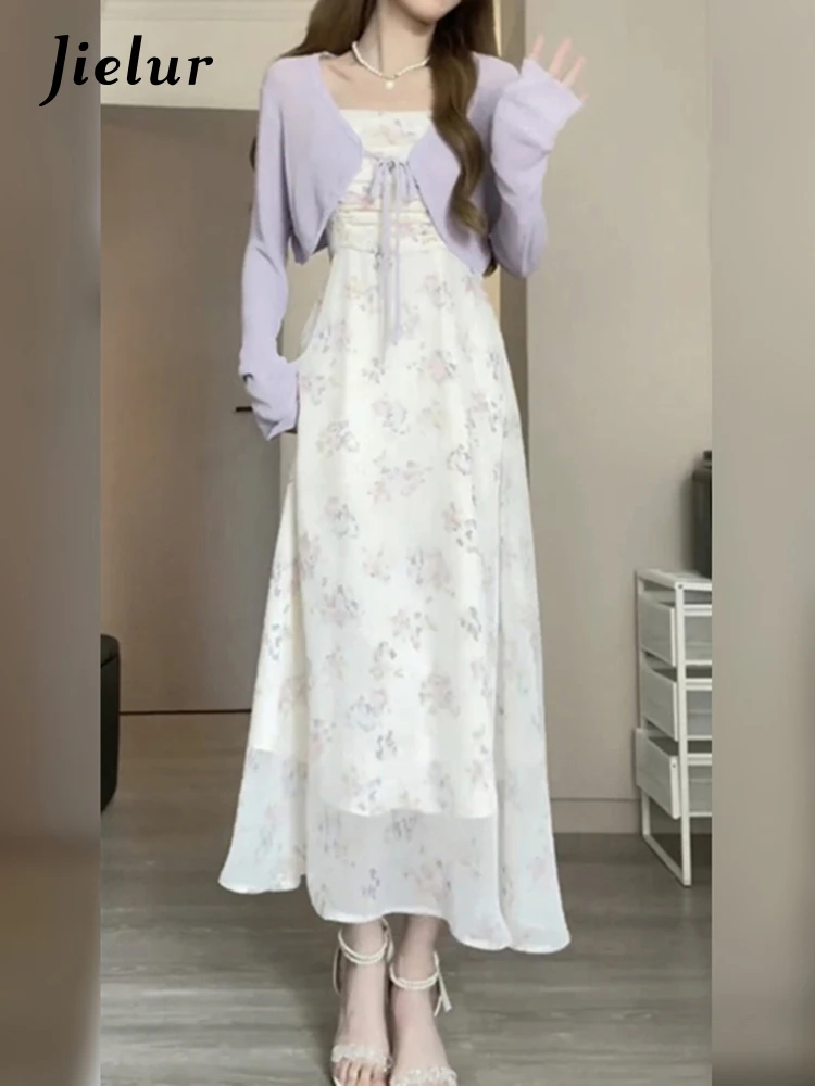 Jielur French Style Strapless Floral Dress Summer New Slim Waist Pleated Fashion Women\'s Dresses Printed Sweet Female Dresses