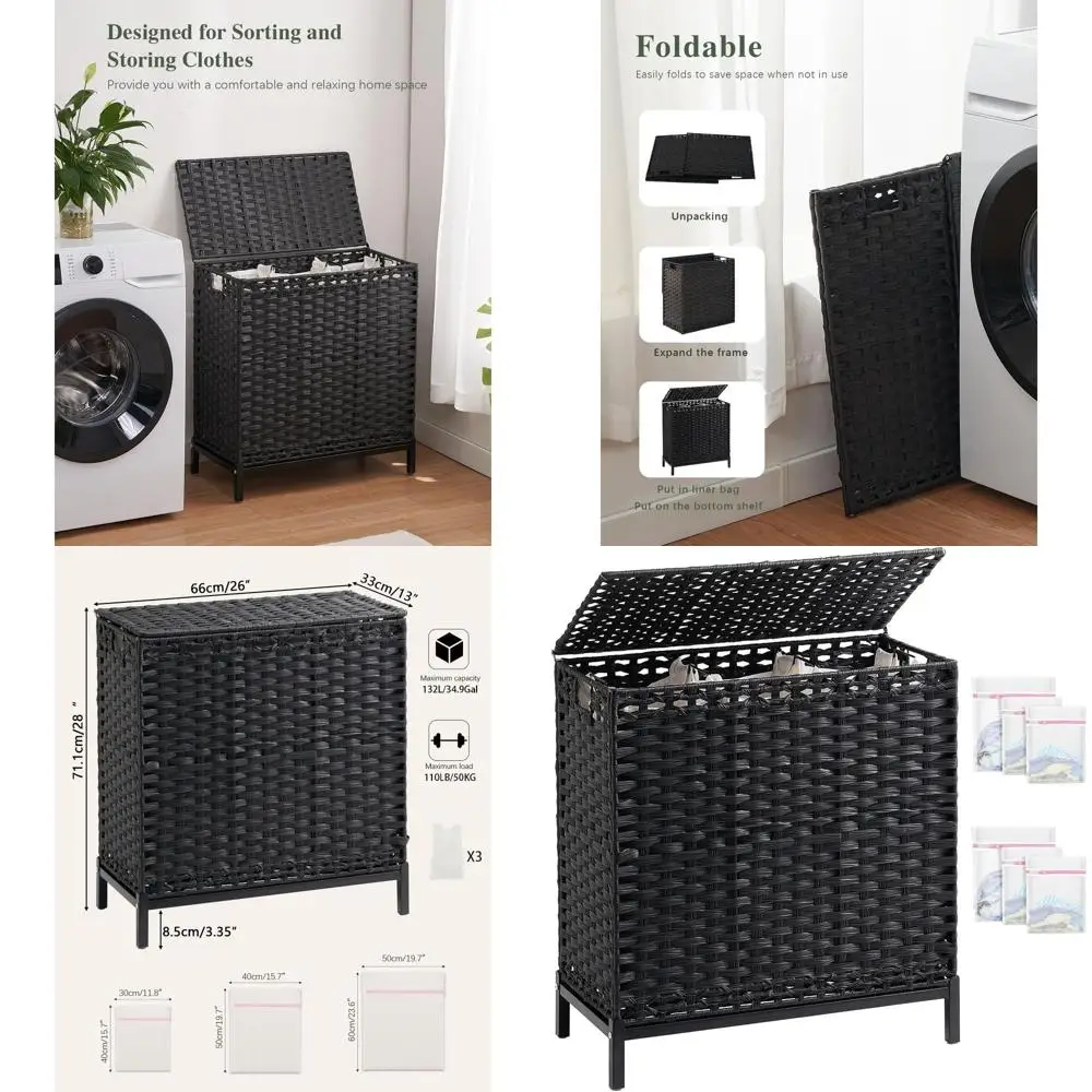 

Корзина для белья с крышкой из ротанга, 132 л, 3 съемными пакетами, металлические ножки, черная