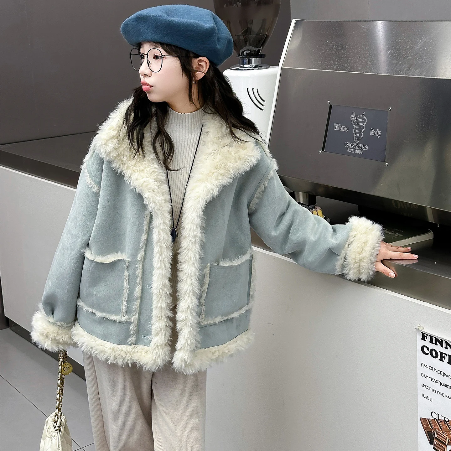 

Autumn Winter Cropped Lamb Wool Coats Girls Fashion Faux Fur Jacket Korean Fluffy Short Outwear Streetwear Fleece Warm Top 4-14Y