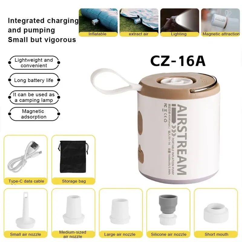 Portable Air Pump With LED Camping Light Multi-Functional Inflator/Deflator For Inflatable Cushions Air Bed Swimming Ring-A54R