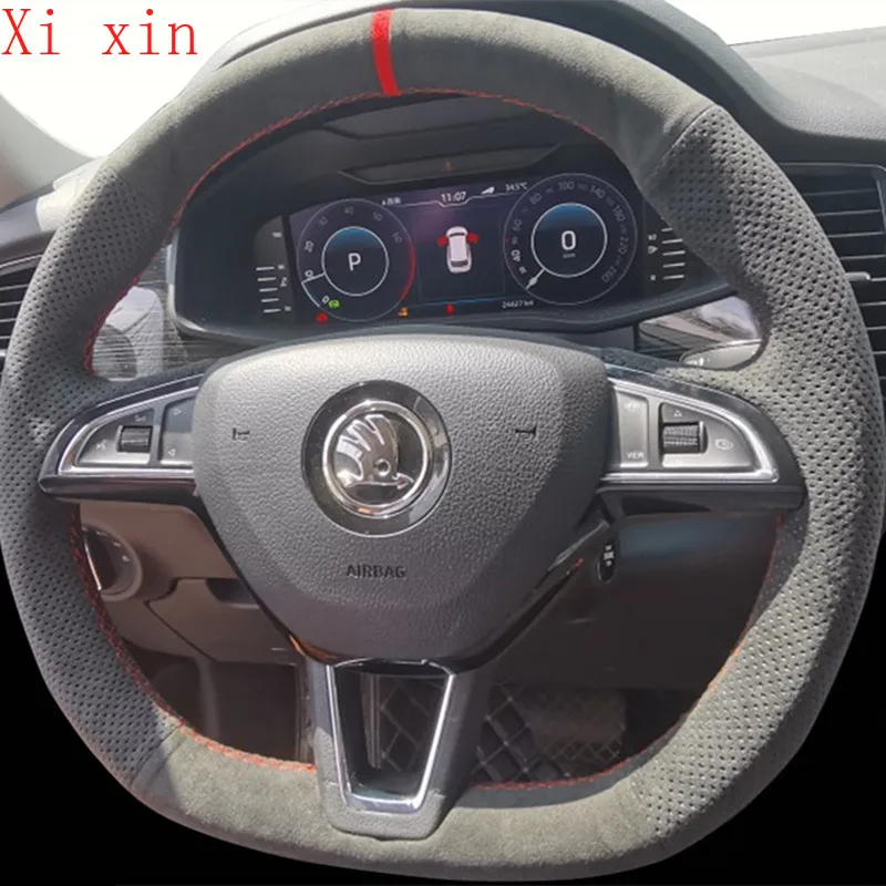 

For Skoda Octavia rapid Fabia superb kodiaq kamiq karoq DIY private custom hand sewn suede leather steering wheel cover