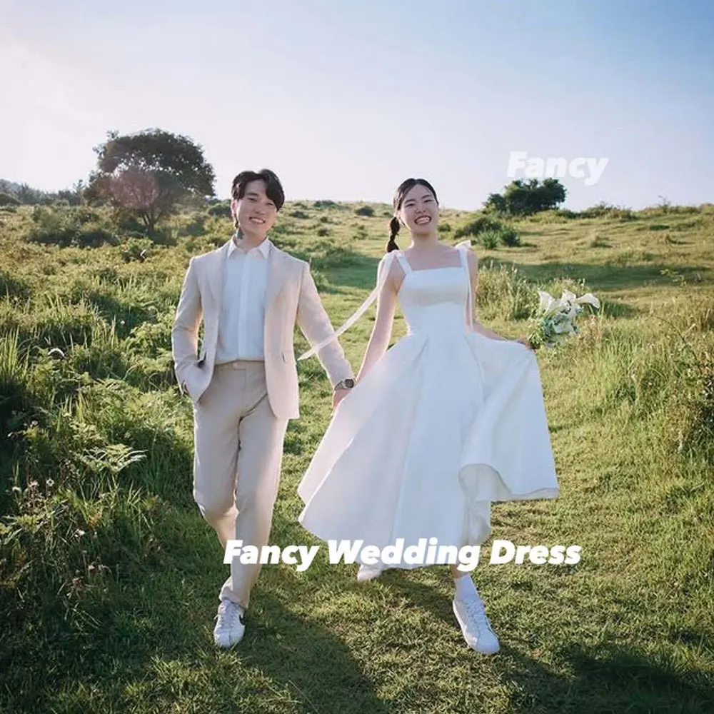 

Fancy Simple Square Neck Wedding Dress A Line Soft Satin Bridal Gown Ankle Length Back Corset 웨딩드레스 Customized