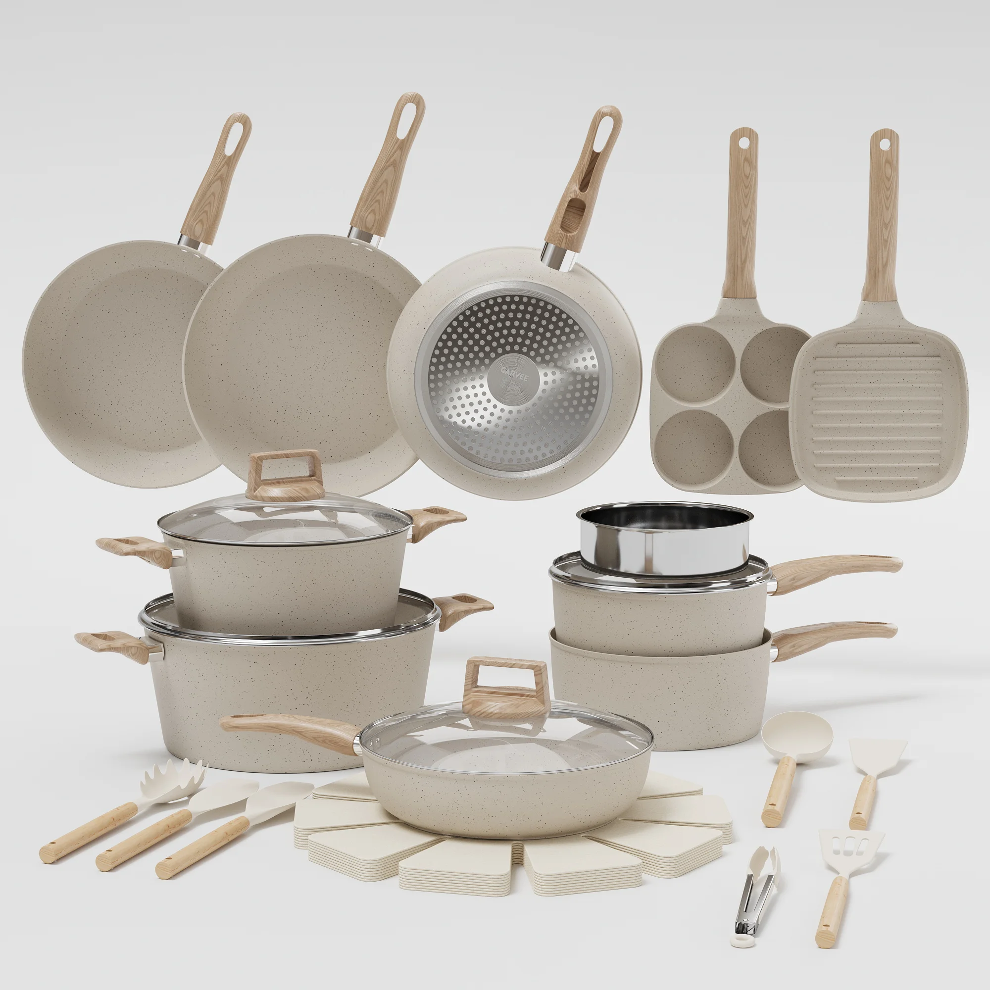 Non Stick Ceramic Cookware Set 14/21/26/31 Piece Kitchen Pots and Pans Set Induction Compatible Oven Safe Dishwasher Safe PFOA Free Granite Coating Aluminum Cookware Sets for Home Kitchen Cooking