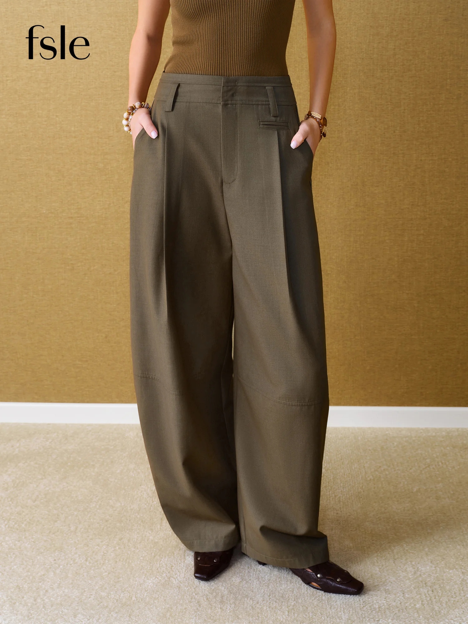 FSLE【Premium Series】2026 Fall Women's High-Waist Balloon Trousers, Wool-Blend Relaxed Straight Pants for Sculpted Office Style