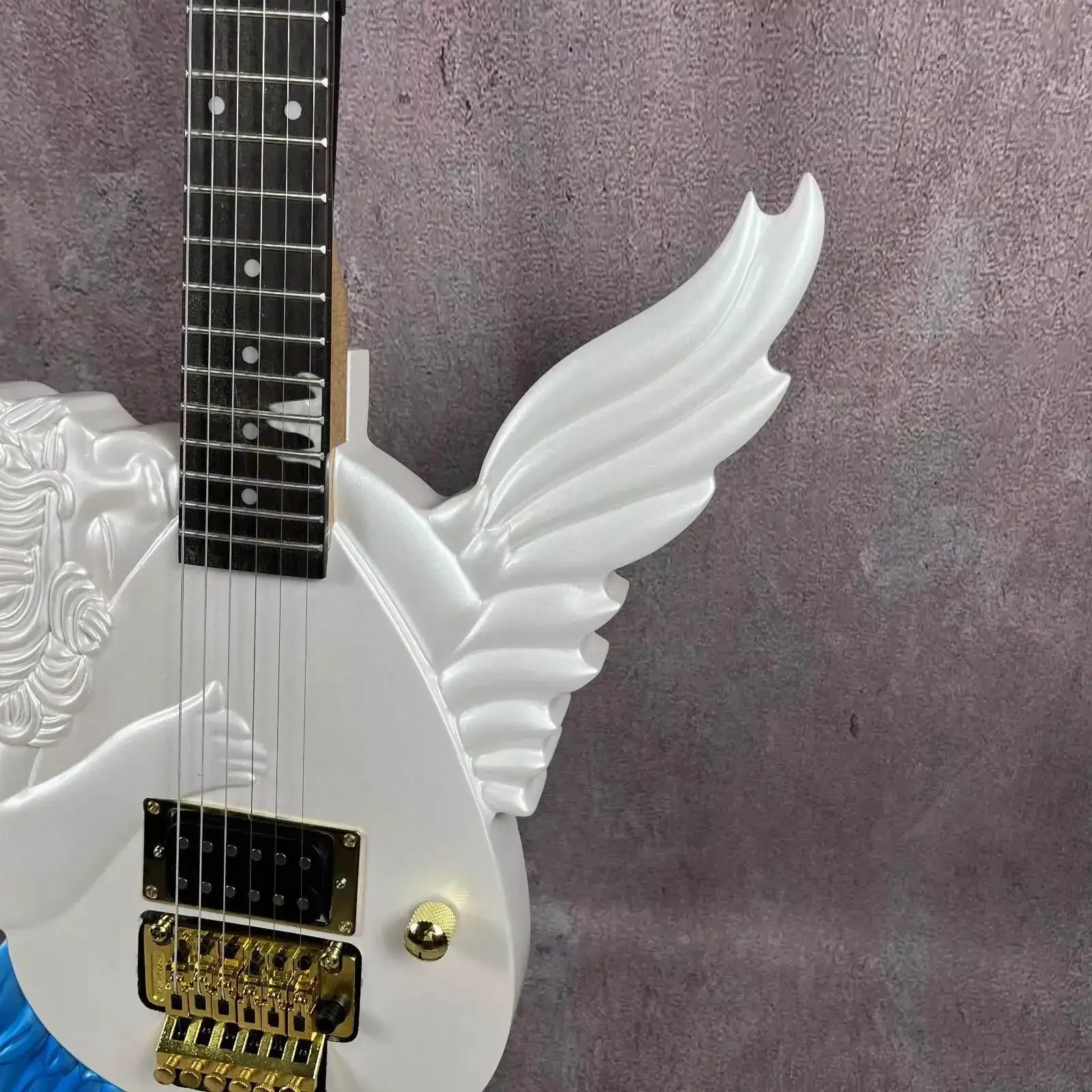 Custom One Pickup Solid Body White Angel Hand Carved Shape Electric Guitar