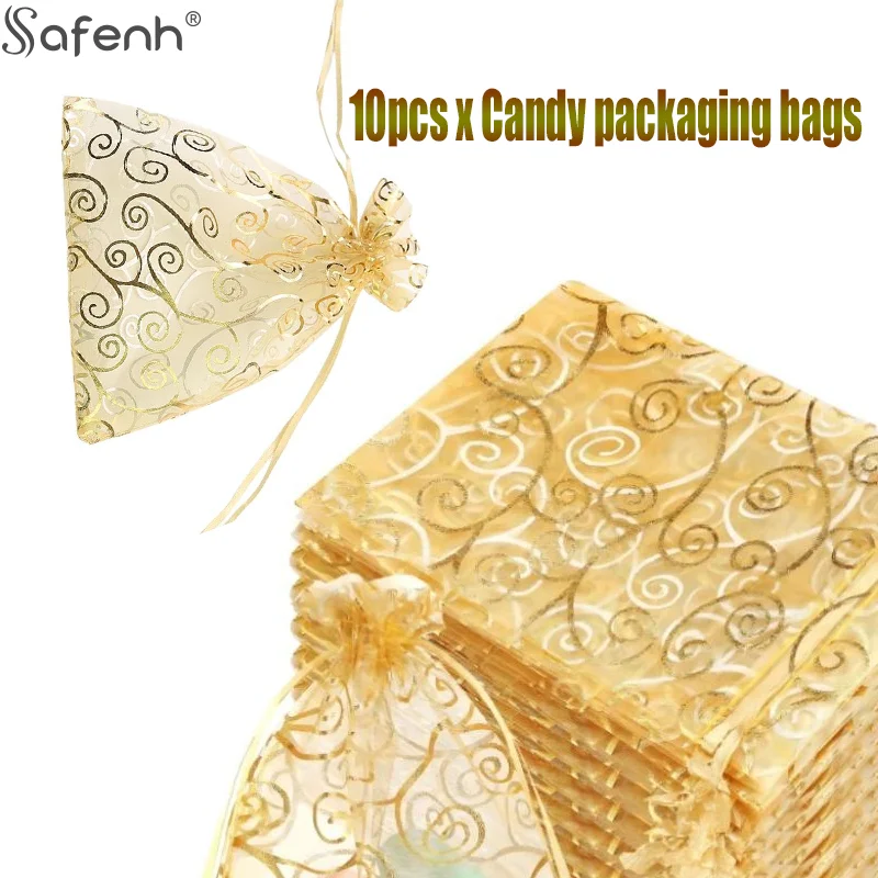 

10 шт., мерцающие золотые сумки для конфет, выдвижная сумка для упаковки ювелирных изделий из органзы, Рождественский праздник, свадьба, день рождения, вечеринка, подарочная упаковка, сумка