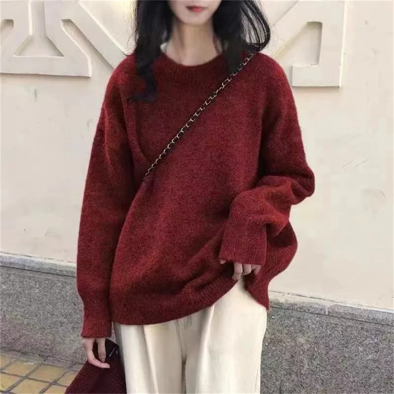 

Women's Autumn Winter New Loose Simple Knitted Top Outerwear Retro Solid Color Hong Kong Style round Neck Pullover Sweater