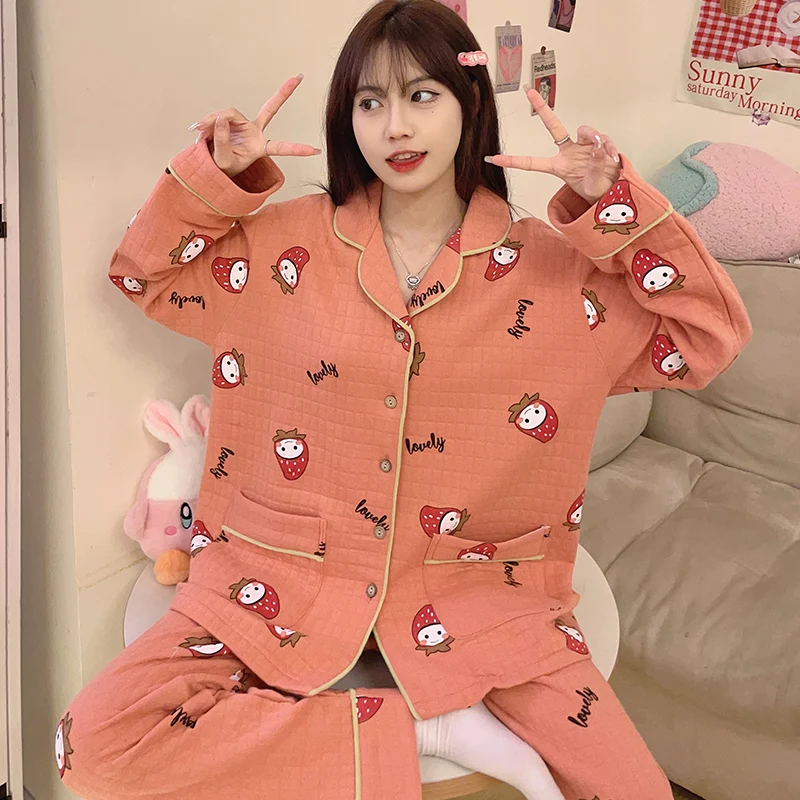 

4XL 5XL Cotton Pajamas Set Women Autumn Thickened Cartoon Homewear Warm Winted Girls Long Sleeve Pijama Quilted Clothes 6XL 7XL