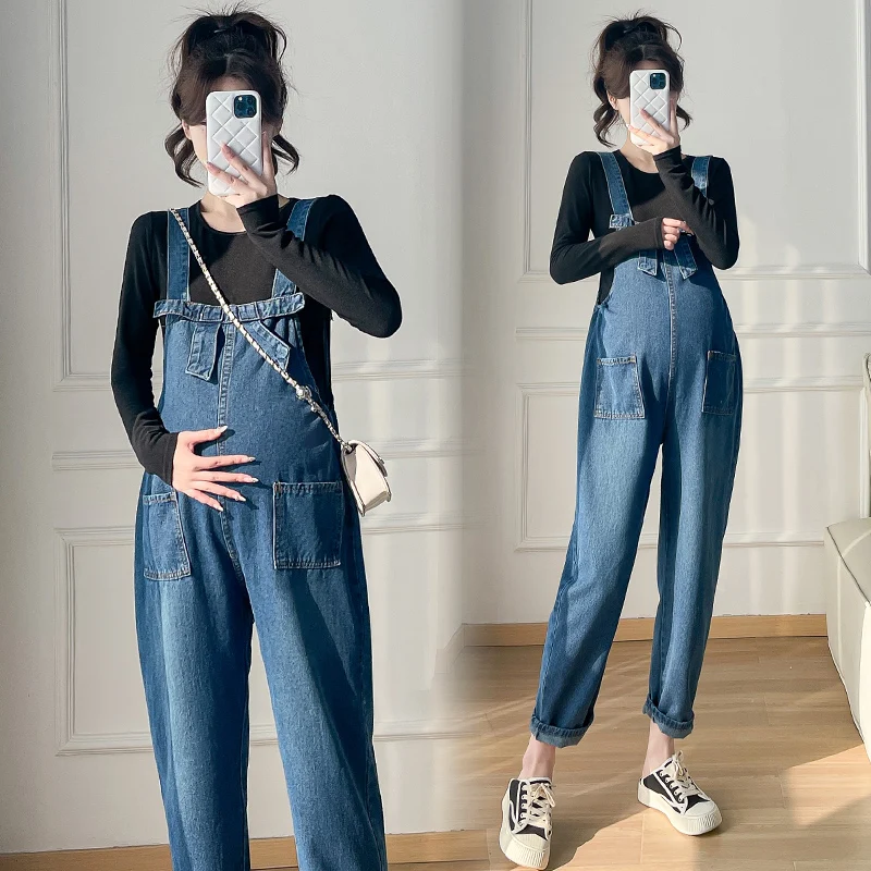 Preppy Style Pregnant Women's Denim Clothes Sets Black Long Sleeve T-shirt+Jumpsuits Two-piece Set Vintage Maternity Jeans Suits