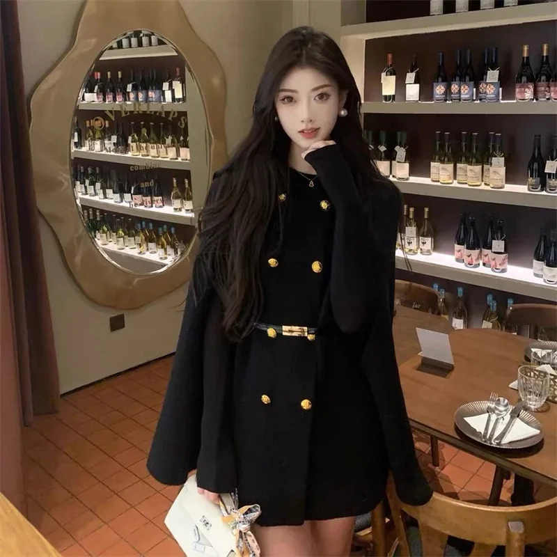 High end Casual Simple and Trendy New Cape Double Row Knitted Woolen Coat 2026 Autumn Waist Cinching Fashionable Slimming Coat