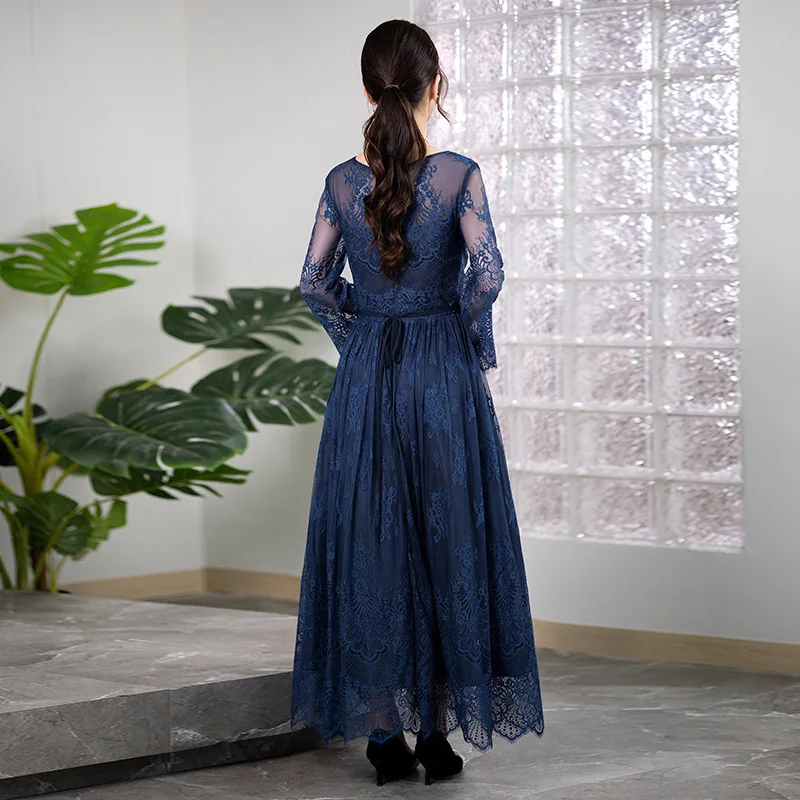 Long Mother Of The Bride Dresses Lace Trimming  Elegant Long Sleeve Mother Of The Bride Gown Navy Blue