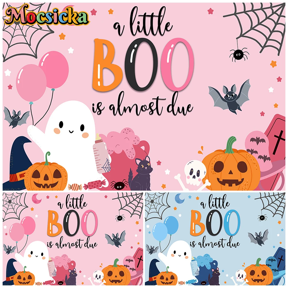 Mocsicka A Little Boo Is Almost Due Photography Backdrop Pink Blue Halloween Baby Shower Background Gender Reveal Photo Booth