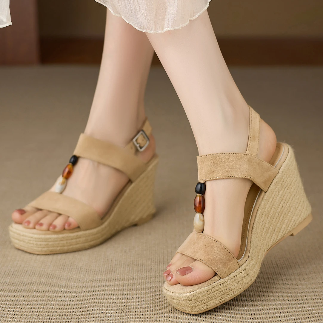 EAGSITY cow leather suede platform wedge jute sandals women's high heel espadrilles shoes ankle strap lady pumps party