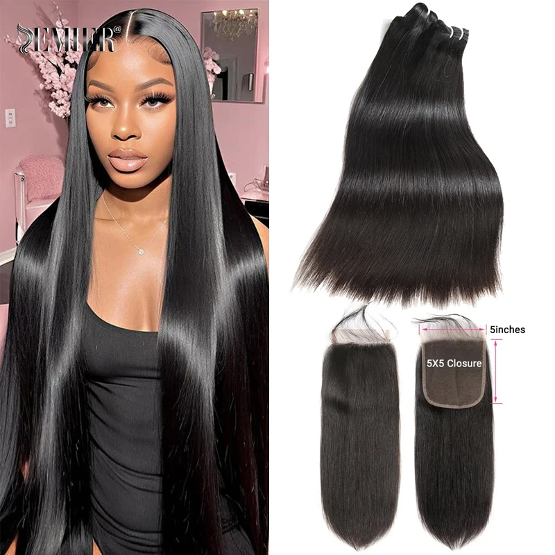 

5X5 HD Lace Closure With Bundles Brazilian Straight Bundles 10-32Inch Long Human Hair Weave Bundles With 2x6 / 6x6 Lace Closure