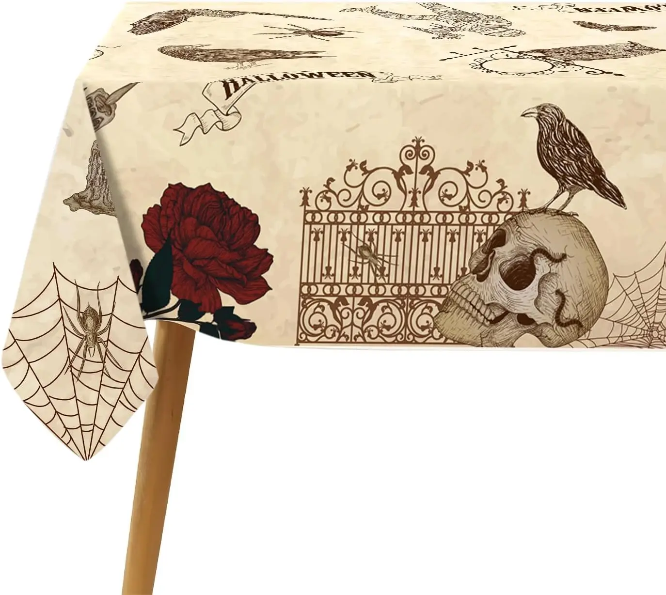 Halloween Day of The Dead Roses Skull Decoration Spider Web Pumpkin Crow Fabric Tablecloth Table Decor Durable Table Cover
