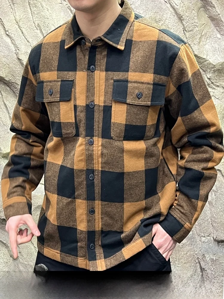 

North America High End Line Men's irt Sle Cotton Jaet Waed Plaid Flip Collar Autumn Winter Warm Faionable Coat