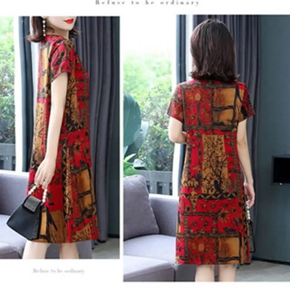 Summer Women Casual Dress Retro Floral Print Short Sleeve Midi Clothing Comfortable Breathable Soft Loose Fit Mother Dress