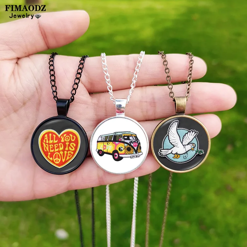 New Peace And Love Necklace for Men Women Heart Moon Sun Peace Dove Hippie Bus Mushroom Glass Round Choker Jewelry Friend Gifts