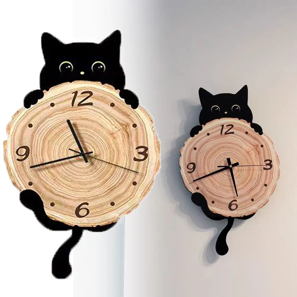 Modern Black Cat Wall Clock Silent Movement Non-Ticking Wall-mounted Clock Irregular Dial Wag Tail Hanging Clock For Bedroom