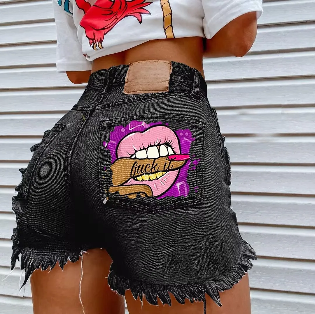 Pantalones cortos vaqueros con estampado de labios para mujer, moda de verano