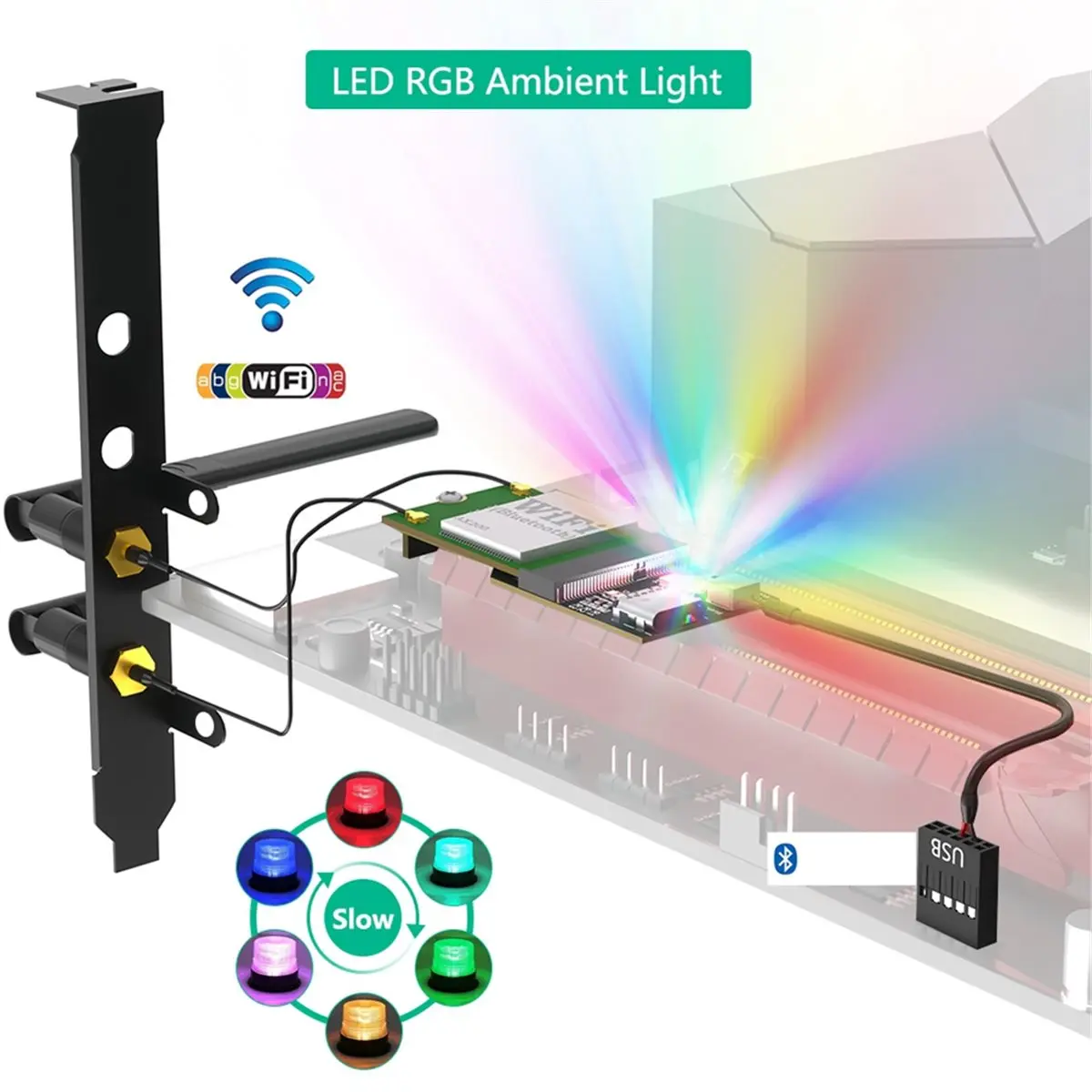 M.2 NGFF Key-E to PCI-E X1 Adapter Card with RGB Light, Convert M.2 E-Key WiFi Bluetooth Module to Desktop PCI-E Slot