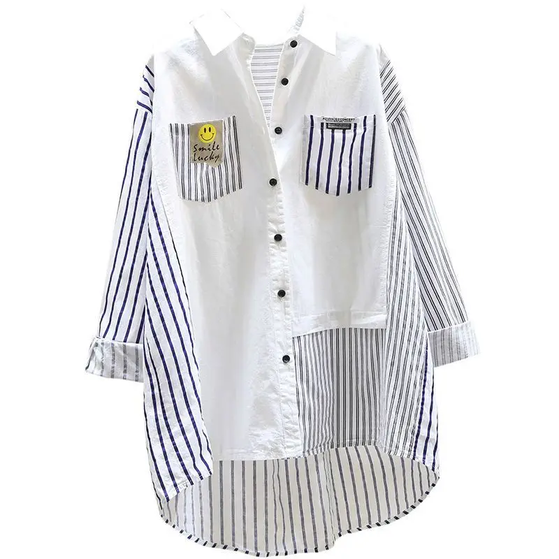 Blouses Women Stitching Striped White Shirts 2024 Spring Autumn New Tops Korean Style Loose Mid-length Shirt Casual Top Coats