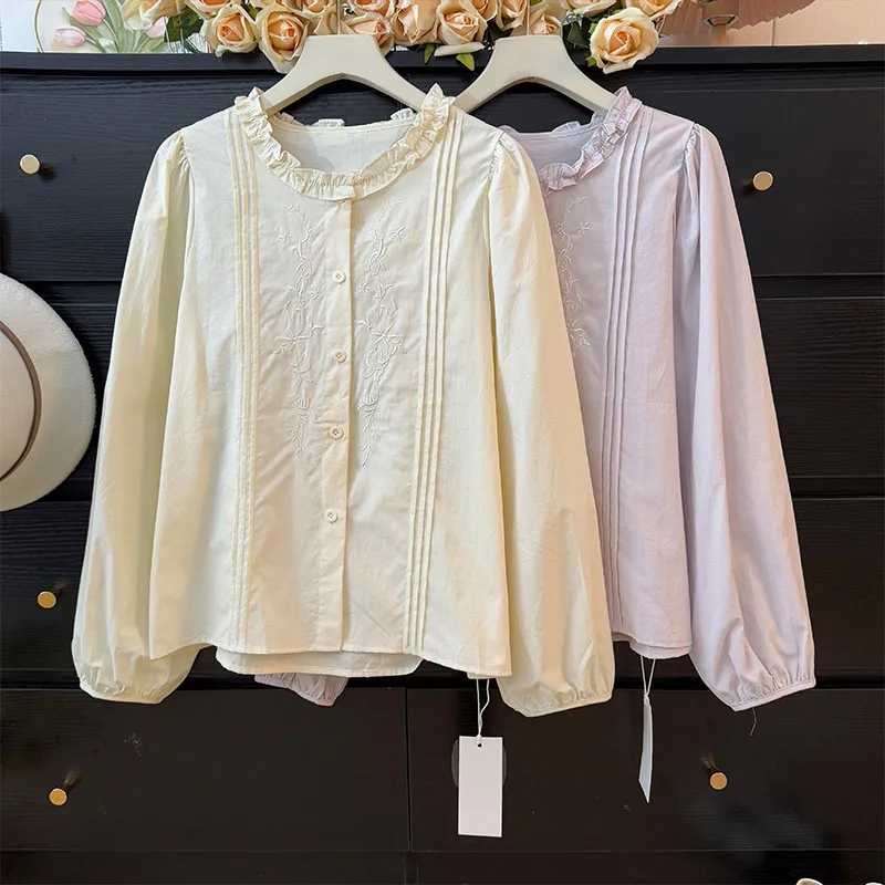 

Корейская женская блузка с рюшами и пышными рукавами, весна 2026, омолаживающий эффект, свободный крой, однобортная.