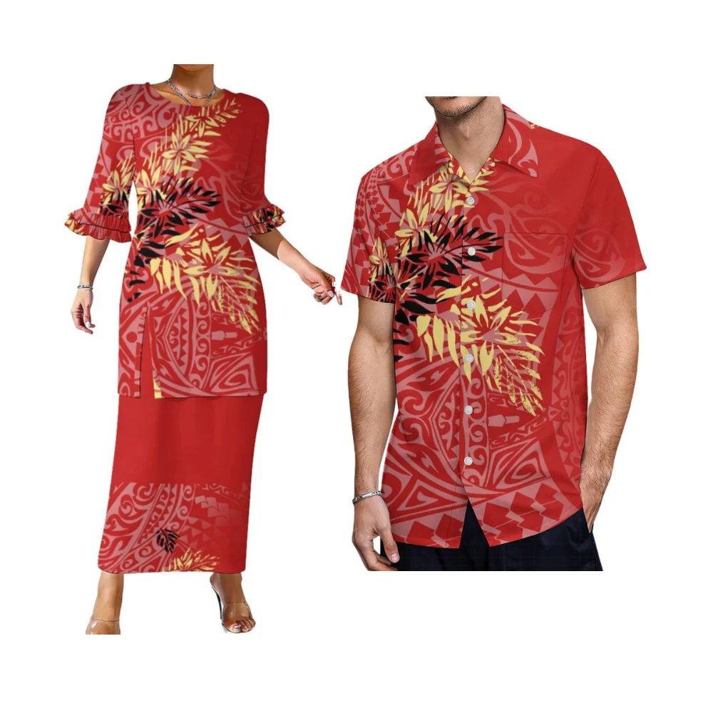New Polynesian Wholesale Couple Clothing Customized Pattern Design Puletasi Women'S Suit With Double Ruffled Sleeves Design