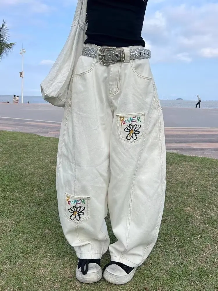 

Women's White Flower Embroidered Printed Small Pocket Jeans Casual Daily American 2000s Y2k High Street Loose Wide-Leg Trousers