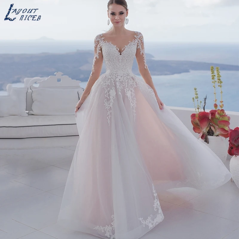 Bố Trí NICEB Dài Tay Áo Wedding Dress Ren Appliques Vestido De Novia Blush Màu Hồng Thanh Lịch Váy Cưới Cho Cô Dâu Tùy Chỉnh Thực Hiện