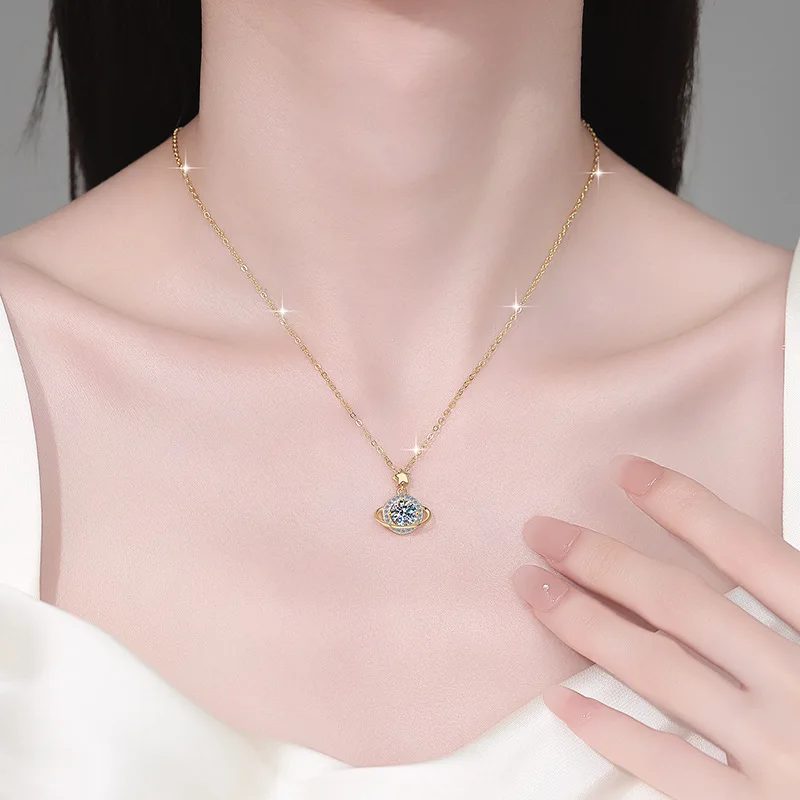 S925 Sterling Silver Dream Planet 1 Carat Moissanite Pendant with Necklace Women's Daily Jewelry