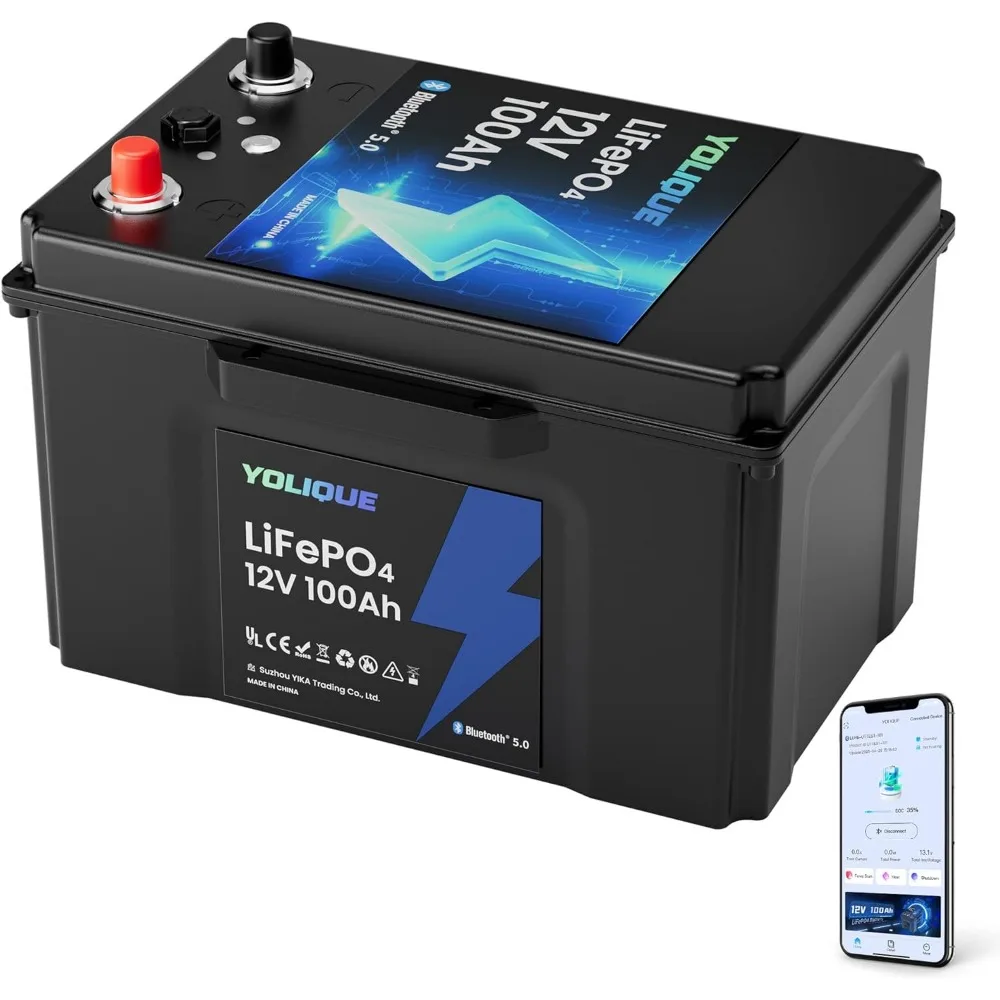 

Аккумулятор LiFePO4 12 В, 100 Ач, Bluetooth 5,0 и самонагревающаяся защита от низкого температуры, встроенный BMS 100 А, литиевый фургон с глубокими циклами макс. 15000