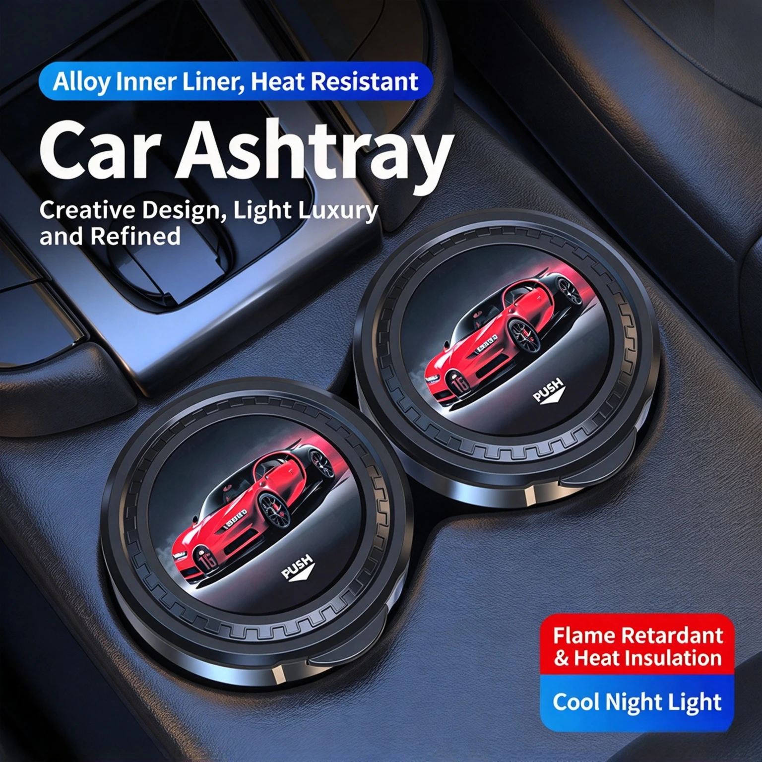 Multifunctional Car Ashtray with Lid & LED Light, One Touch Open Portable Creative Auto Interior Accessory