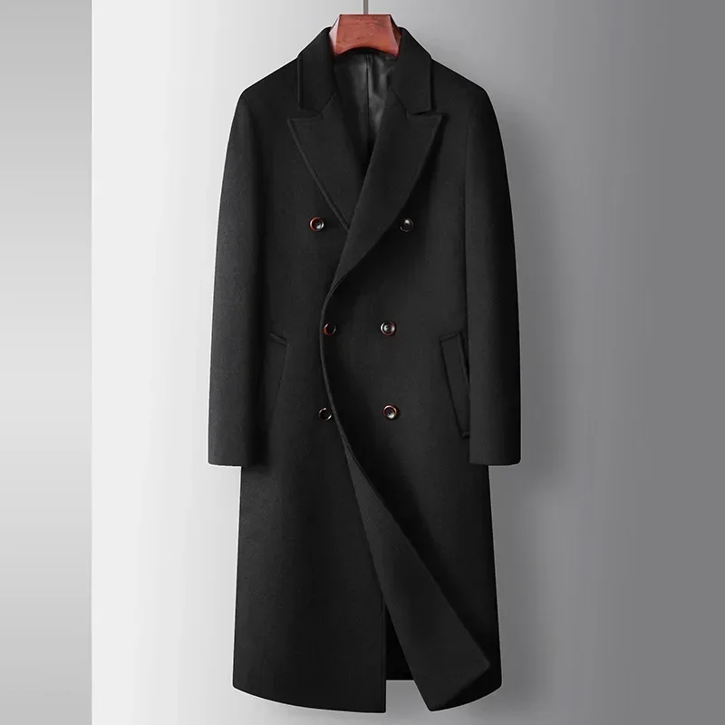 Men Winter Long Woolen Coat Brown Black Casual Business Wool Blend Coat Double Breasted Warm Thick Double Breasted Overcoat 4XL